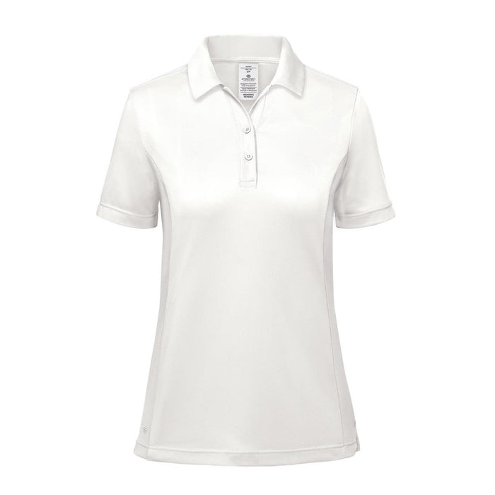 Women's Monterey Polo - A white women's polo shirt with a collar and short sleeves, featuring a branded logo.