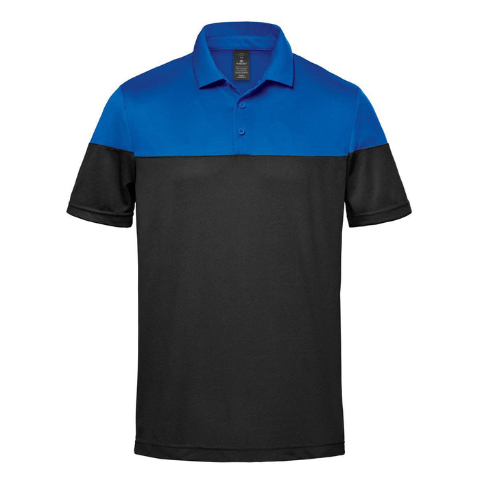 Men's Monterey Two-Tone Polo - A men's polo shirt with a blue and black two-tone design, featuring a collar and buttons, along with a logo.