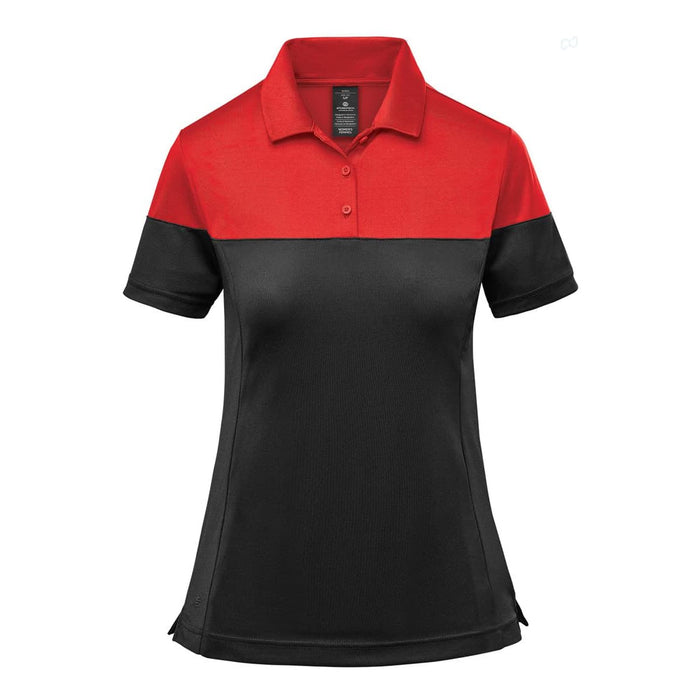 Women's Monterey Two-Tone Polo - A women's polo shirt in black and red, featuring a two-tone design and a logo on the chest.