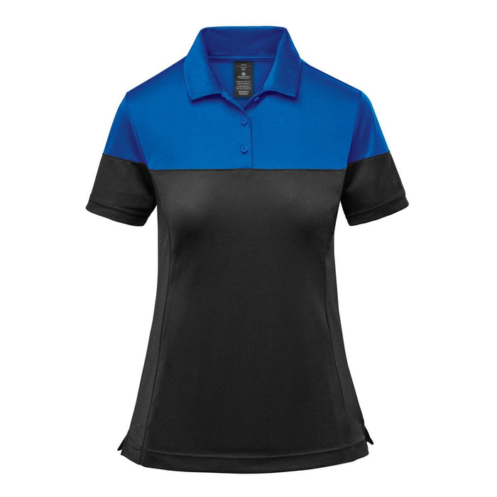 Women's Monterey Two-Tone Polo - A women's two-tone polo shirt featuring a blue upper section and a black lower section. The shirt has a collar and buttons.