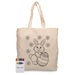 Squiggle Calico bag + Crayon set - A cream calico tote bag with a bunny design and a set of colourful crayons beside it. Features a brand logo.