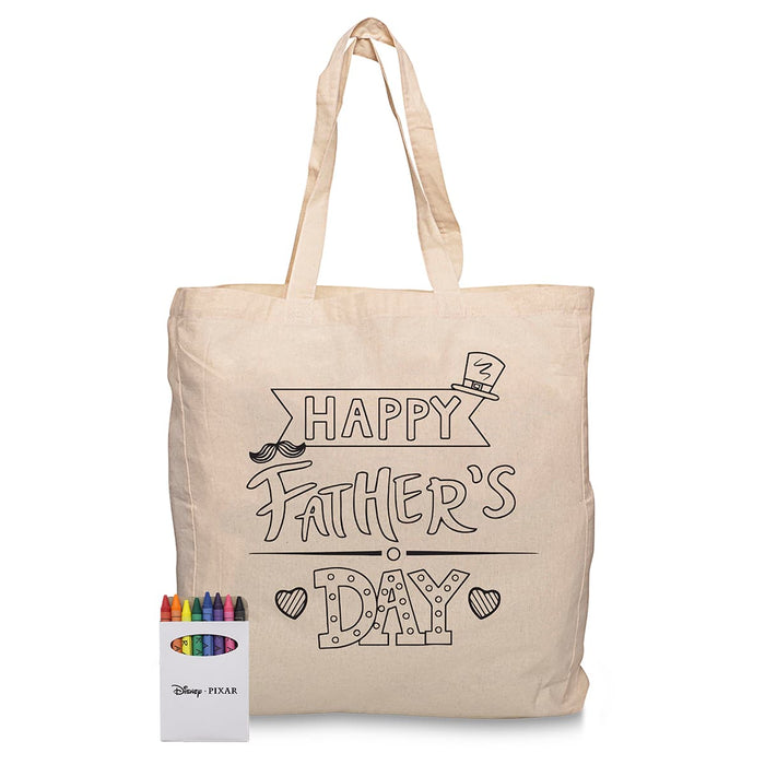 Squiggle Calico bag + Crayon set - A beige tote bag featuring a Father’s Day design, accompanied by a set of colourful crayons.
