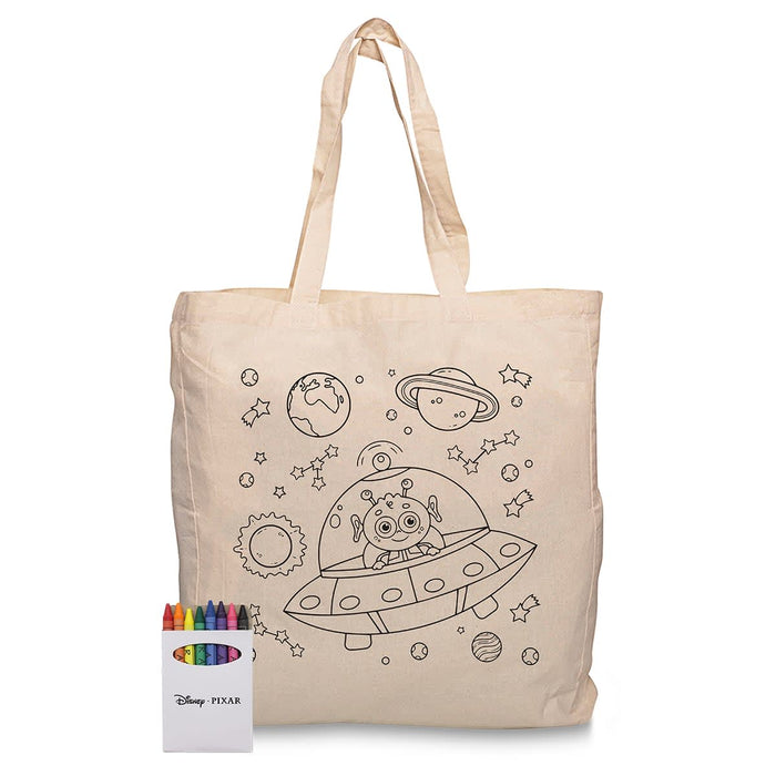 Squiggle Calico bag + Crayon set - A natural canvas bag featuring a line-drawn space theme with a crayon set in vibrant colours.