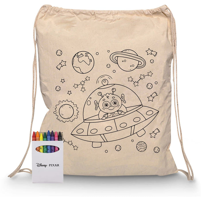 Squiggle Calico Drawstring Bag + Crayon set - A cream drawstring bag featuring a playful space-themed design, accompanied by a crayon set in various colours.