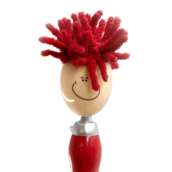Mop Head Pen with Stylus - A red Mop Head Pen with a stylus featuring a smiling face and bright red fuzzy strands. It has a silver accent.