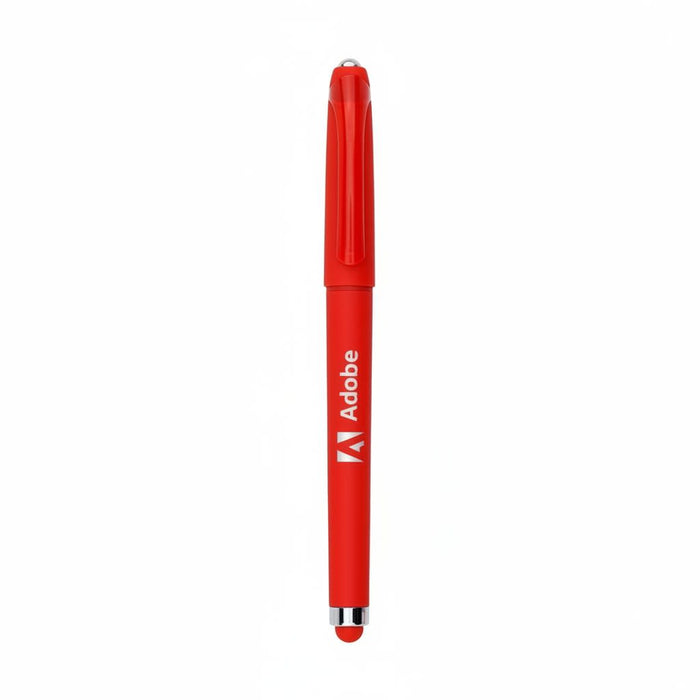 Fidget Gel Pen - A red gel pen featuring a logo and a stylus tip at the end.