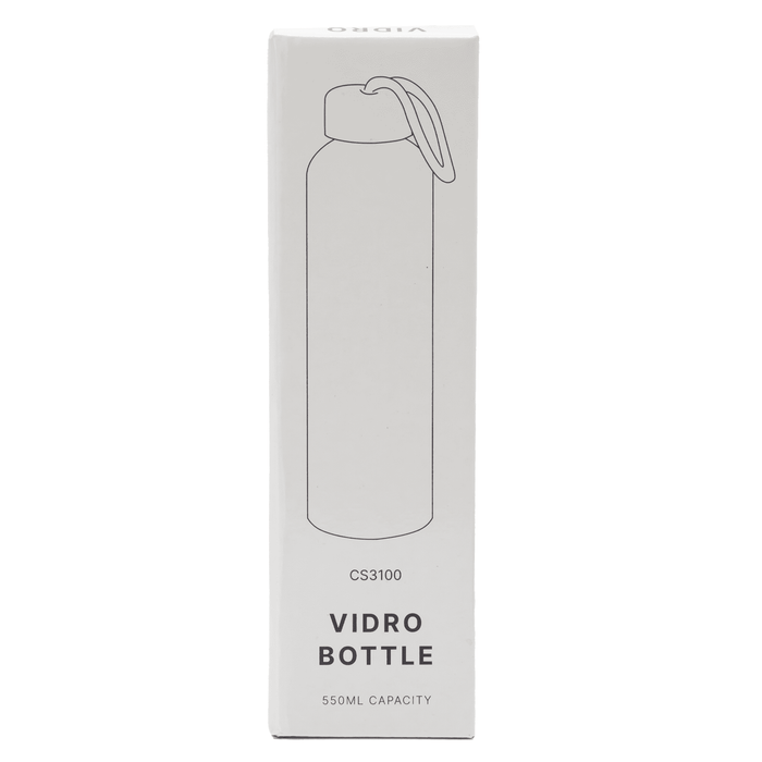 Vidro 550ml Bottle - A drink bottle with a sleek design, featuring a lid and an attached carrying loop, in white packaging.