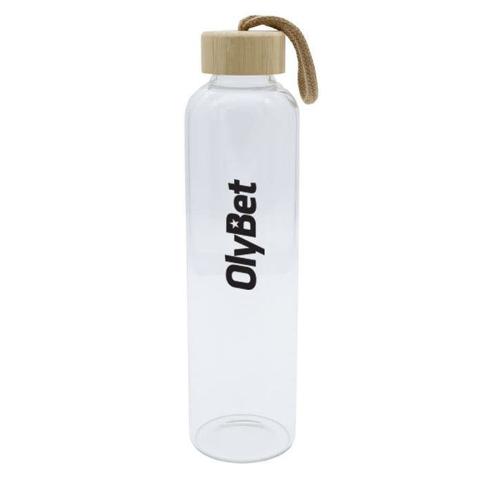 Vidro 750ml Bottle - A drink bottle made of clear glass with a wooden lid and a rope handle, featuring a logo on the side.