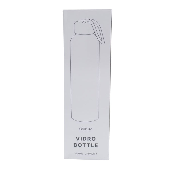 Vidro 1L Bottle - A drink bottle with a sleek design in white packaging, featuring a logo and a carrying strap.