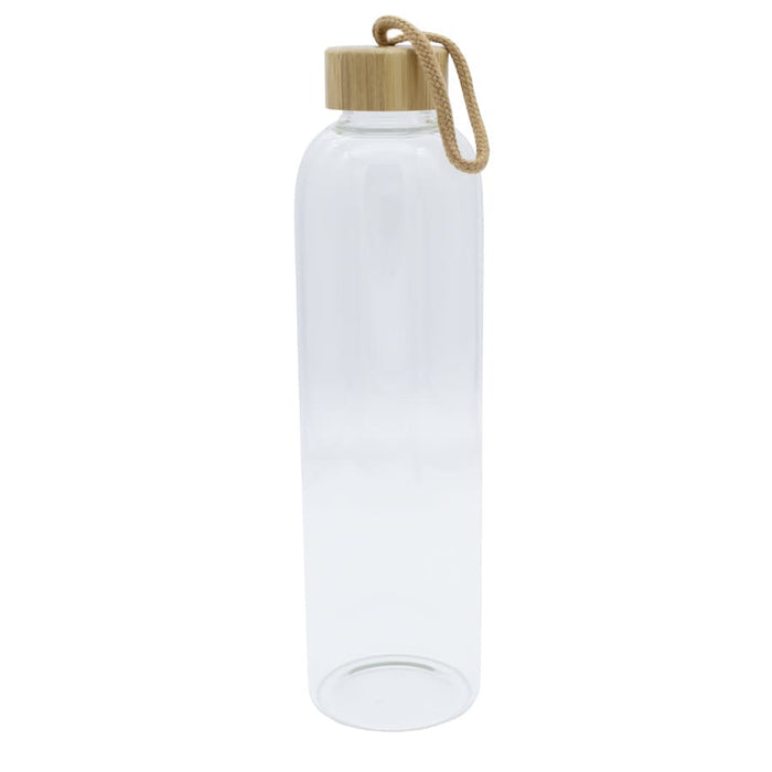 Vidro 1L Bottle - A drink bottle with a clear body and a natural wooden lid, featuring a rope handle.