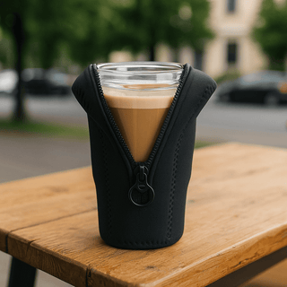Oakleigh Pouch - A black Oakleigh Pouch designed to fit a glass, featuring a zippered design and sitting on a wooden table.