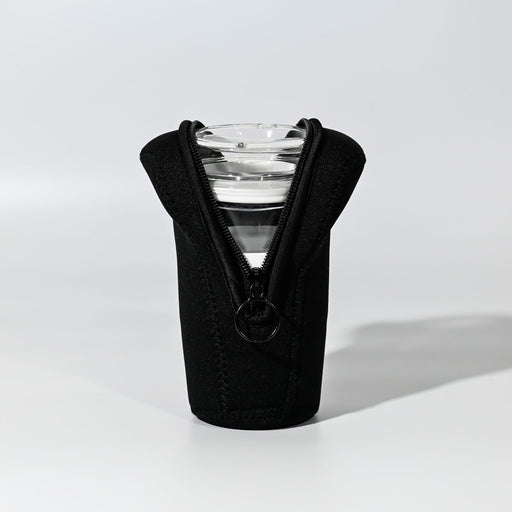 Oakleigh Pouch - A black pouch with a zipper, designed to hold a clear drink bottle securely.