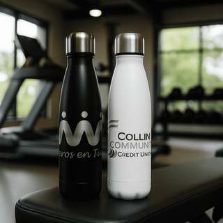 Classic 500ml Water Bottle - A drink bottle set featuring a black and a white stainless steel water bottle, each with a logo.
