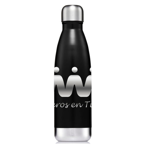 Classic 500ml Water Bottle - A drink bottle in black stainless steel with a metallic silver cap and a logo on the side.