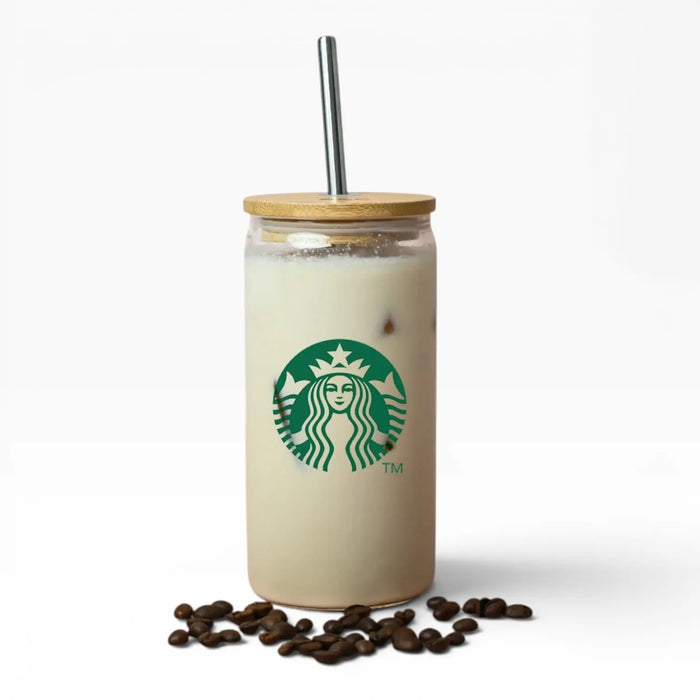 Carnaby 500ml Tumbler - A drink bottle with a wooden lid and metal straw, featuring a logo, surrounded by coffee beans.