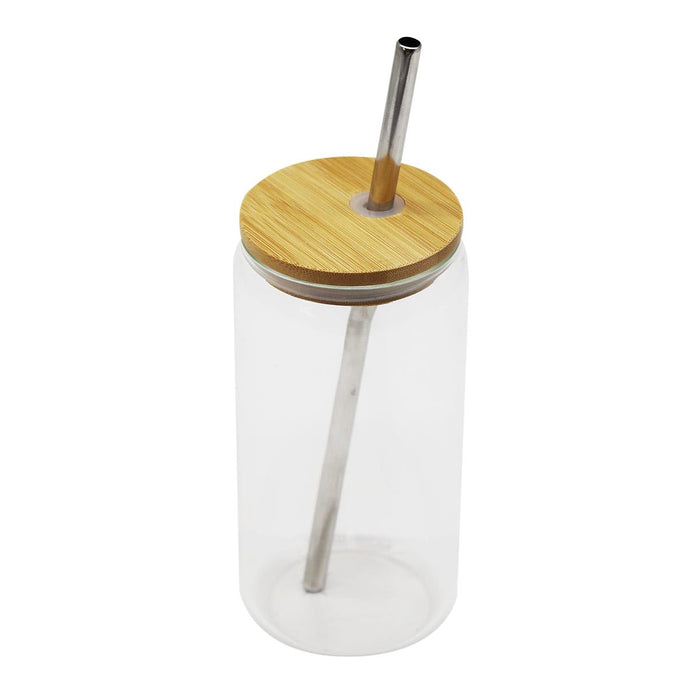 Carnaby 500ml Tumbler - A drink bottle featuring a clear body, bamboo lid, and metal straw. It includes a logo on the side.