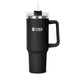 The Hippo 1.2L Mug - A drink bottle featuring a black design with a clear lid and straw, alongside a sturdy handle. It has a logo.