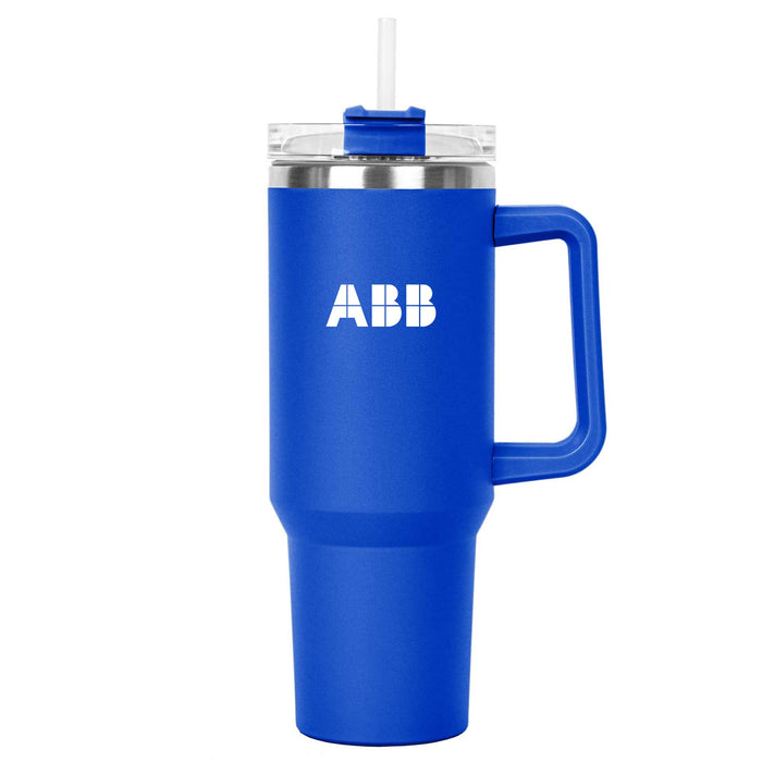 The Hippo 1.2L Mug - A drink bottle with a blue exterior, clear lid, straw, and a handle. It features a logo on the side.