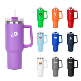 The Hippo 1.2L Mug - A drink bottle collection featuring various coloured 1.2L mugs, each with a straw and a handle, and some with logos.