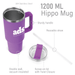 The Hippo 1.2L Mug - A drink bottle in purple with a sturdy handle, featuring a screw-on lid and reusable straw. It has a logo.