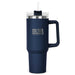 The Hippo 1.2L Mug - A drink bottle with a navy blue exterior, featuring a clear lid and straw, and a handle. It has branding on the side.