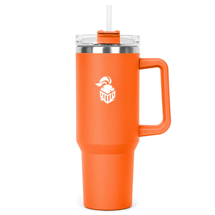 The Hippo 1.2L Mug - A drink bottle in vibrant orange with a clear lid and straw, featuring a logo on the side.