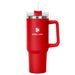 The Hippo 1.2L Mug - A drink bottle in vibrant red with a stainless steel lid and a handle, featuring a logo.