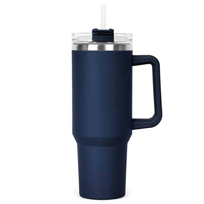 The Hippo 1.2L Mug - A drink bottle in navy blue with a clear lid, straw, and a sturdy handle. It has a sleek design and a logo.