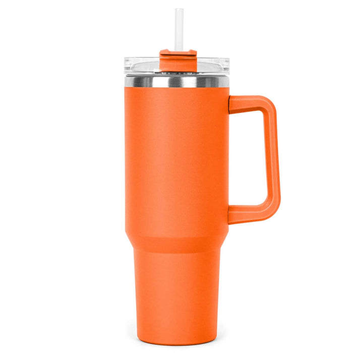 The Hippo 1.2L Mug - A drink bottle in bright orange with a clear lid and straw, featuring a sturdy handle and a sleek design.