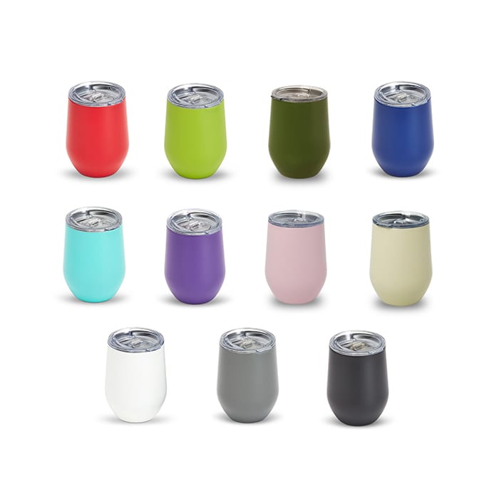 Zen Mirror Finish Mugs (350mL) - A collection of Zen Mirror Finish Mugs in various colours, each with a silver lid and a logo.
