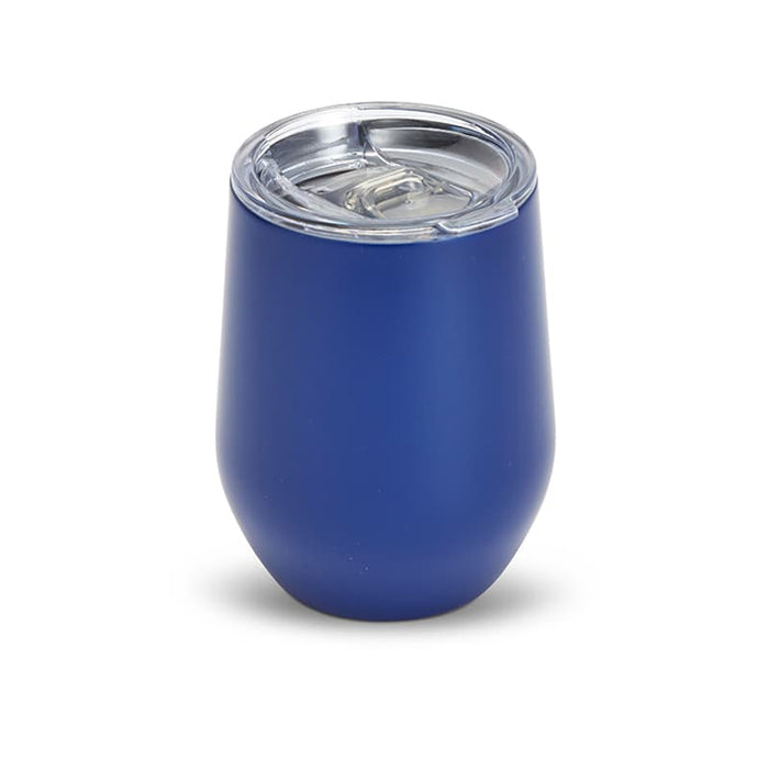 Zen Mirror Finish Mugs (350mL) - A blue drink mug with a clear lid and a sleek, rounded design. Features a branding logo.