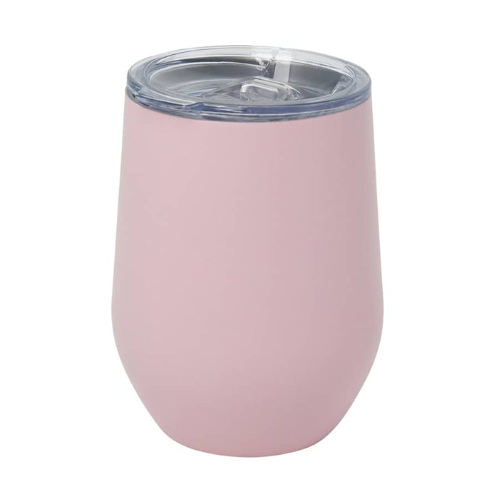 Zen Mirror Finish Mugs (350mL) - A pink Zen Mirror Finish Mug with a clear lid, designed for drinks. Features a sleek, modern shape and has branding.