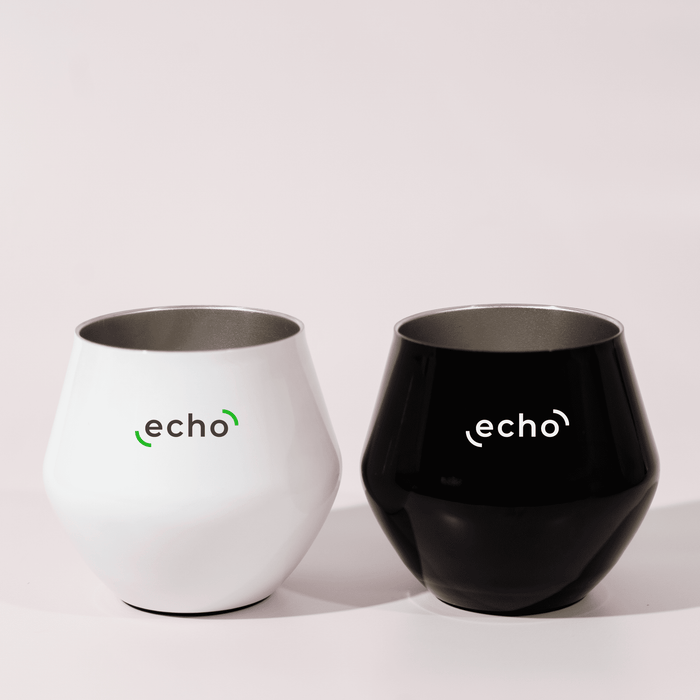 Shiraz Detachable Wine Glass - Two wine glasses, one white and one black, both featuring a logo, made for versatile use.