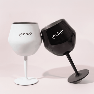 Shiraz Detachable Wine Glass - Two detachable wine glasses in black and white, featuring a logo on each, positioned together.