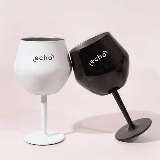 Shiraz Detachable Wine Glass - Two detachable wine glasses in black and white, featuring a logo on each, positioned together.