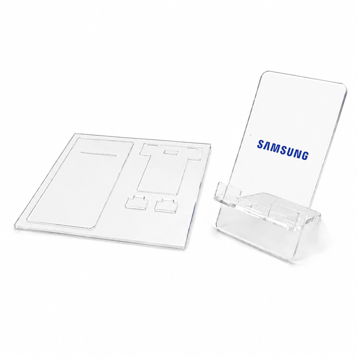 DIY Acrylic Phone Stand - A clear acrylic phone stand kit with a rectangular base and an upright holder. Includes a branding logo.