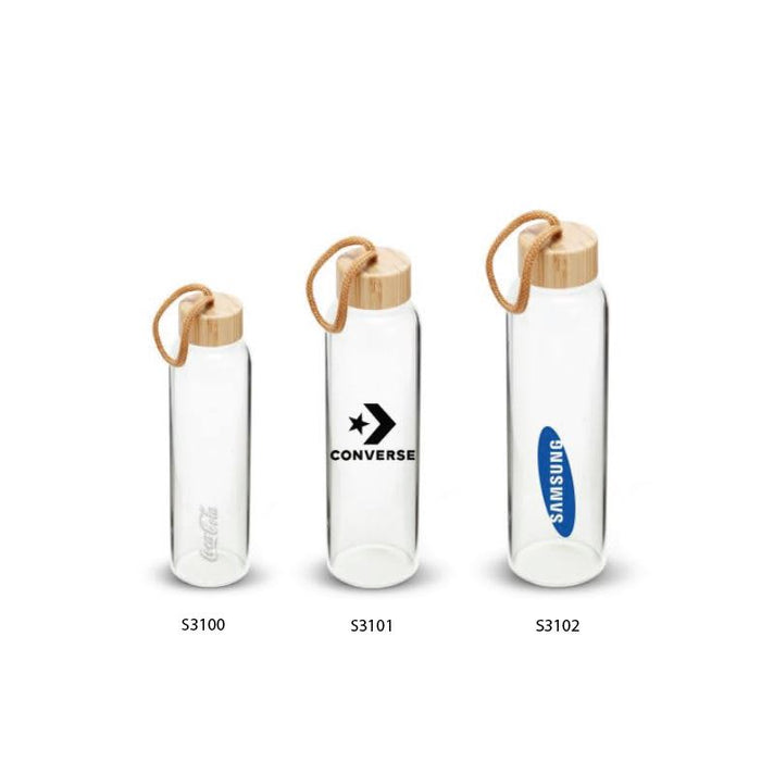 Vidro 1L Bottle - A drink bottle collection featuring clear glass bottles with bamboo lids and rope handles, in three sizes.