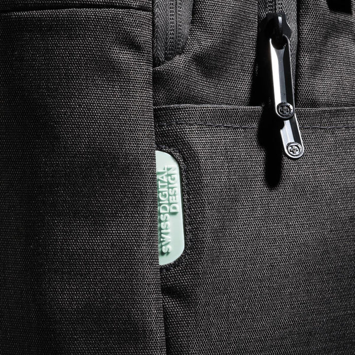 Swissdigital Arosa Backpack - A black backpack featuring multiple compartments and a logo, made from durable material.