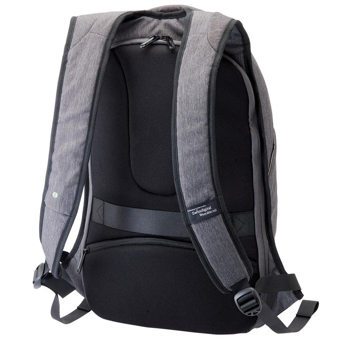 Swissdigital Bolt Anti-Theft Backpack - A grey backpack with padded straps and a textured back. It features a logo and anti-theft design.