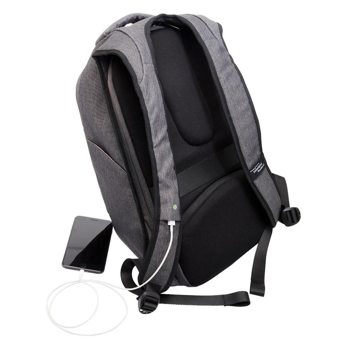 Swissdigital Bolt Anti-Theft Backpack - A grey anti-theft backpack with adjustable straps, featuring a charging port and a smartphone beside it.