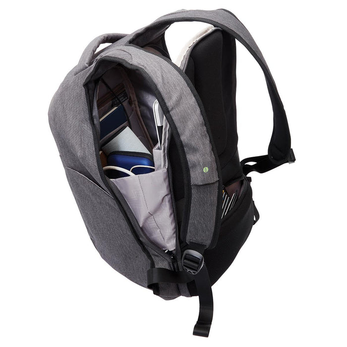 Swissdigital Bolt Anti-Theft Backpack - A grey anti-theft backpack with multiple compartments, showcasing organisation for various items inside.