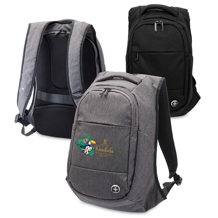 Swissdigital Bolt Anti-Theft Backpack - A collection of three Swissdigital Bolt anti-theft backpacks in grey and black, featuring a logo on one.