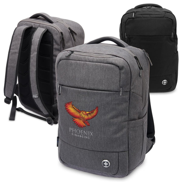 Swissdigital Calibre Backpack - A grey Swissdigital Calibre backpack with zippers, padded straps, and a logo, featuring a design with an eagle.
