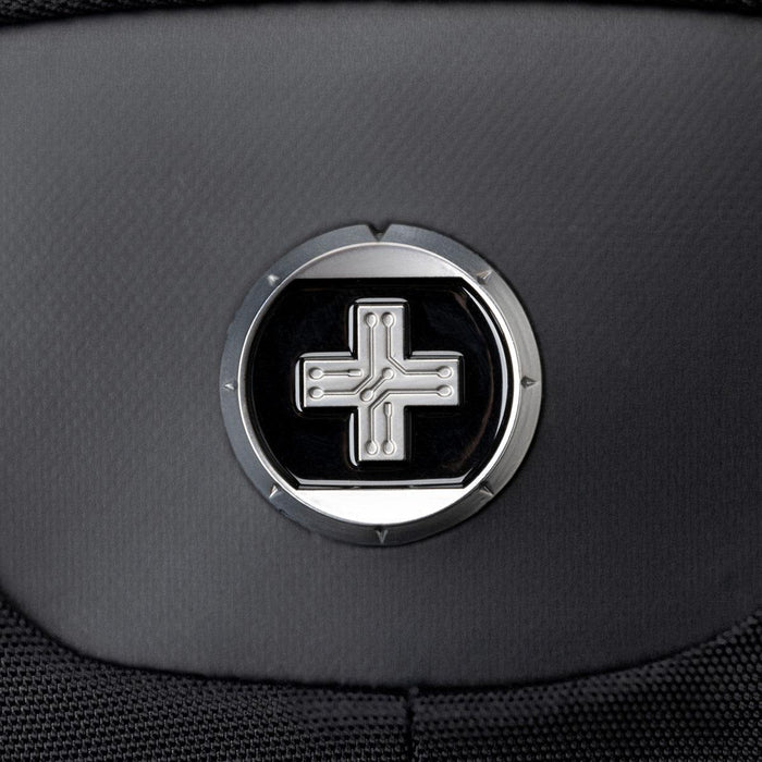 Swissdigital Vector Backpack - A black laptop backpack featuring a round metallic logo, designed for convenience and functionality.