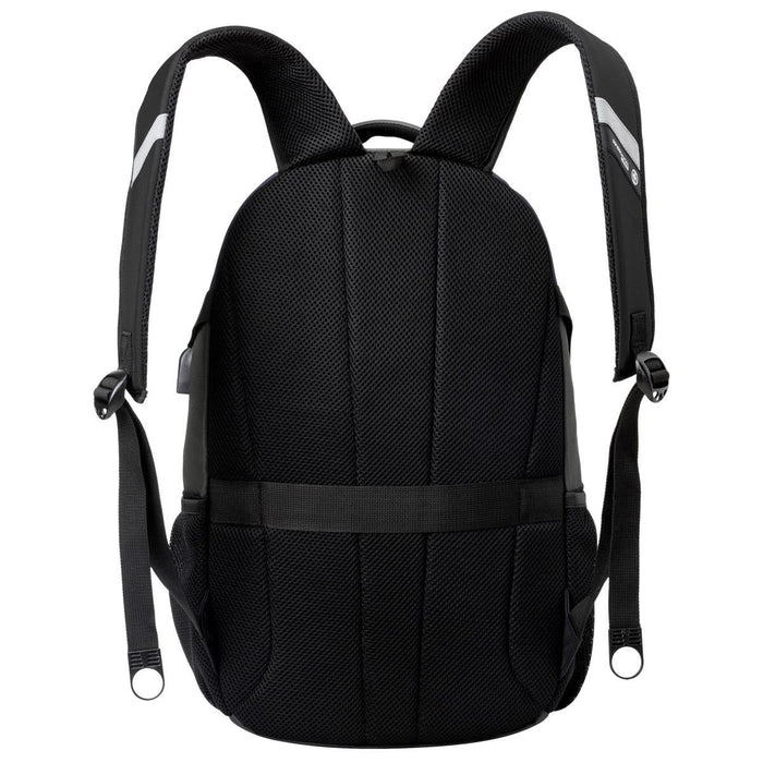 Swissdigital Vector Backpack - A black backpack with padded shoulder straps and textured fabric, featuring a logo.