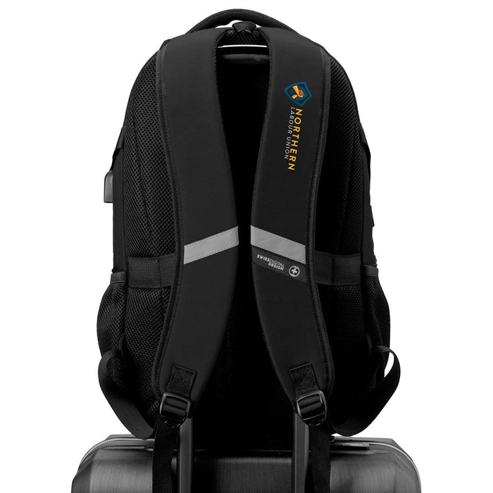 Swissdigital Vector Backpack - A black Swissdigital Vector Backpack featuring padded straps and a logo, resting on a suitcase.