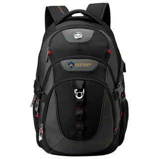 Swissdigital Vector Backpack - A black backpack with red accents, featuring multiple compartments and a logo on the front.