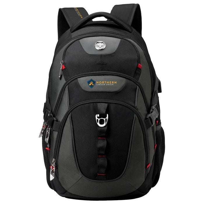 Swissdigital Vector Backpack - A black backpack with red accents, featuring multiple compartments and a logo on the front.