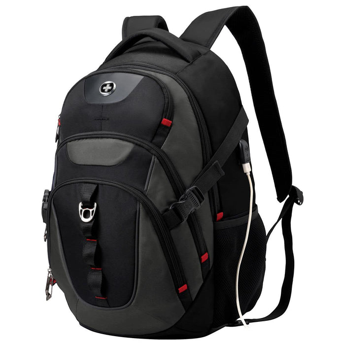 Swissdigital Vector Backpack - A black and grey backpack with red accents and a logo, featuring multiple compartments and a side pocket.