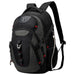 Swissdigital Vector Backpack - A black and grey backpack with red accents and a logo, featuring multiple compartments and a side pocket.